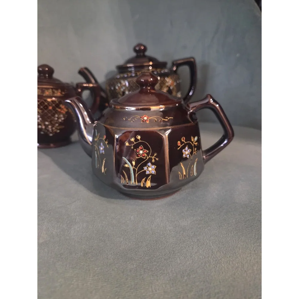 Vtg Brown Betty Redware Teapot Moriage Enamel Hand Painted Japan Set Of 4